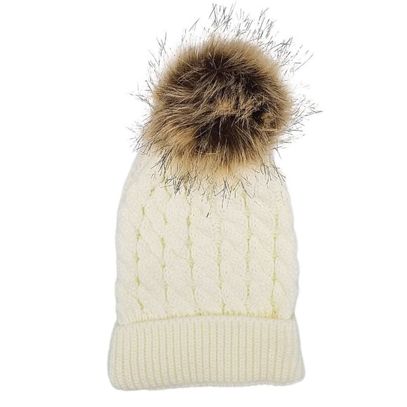 2 Pc Knit Ivory Infant/Toddler Beanie Faux Fur Pom and Circle Loop Scarf NWT - Picture 6 of 7